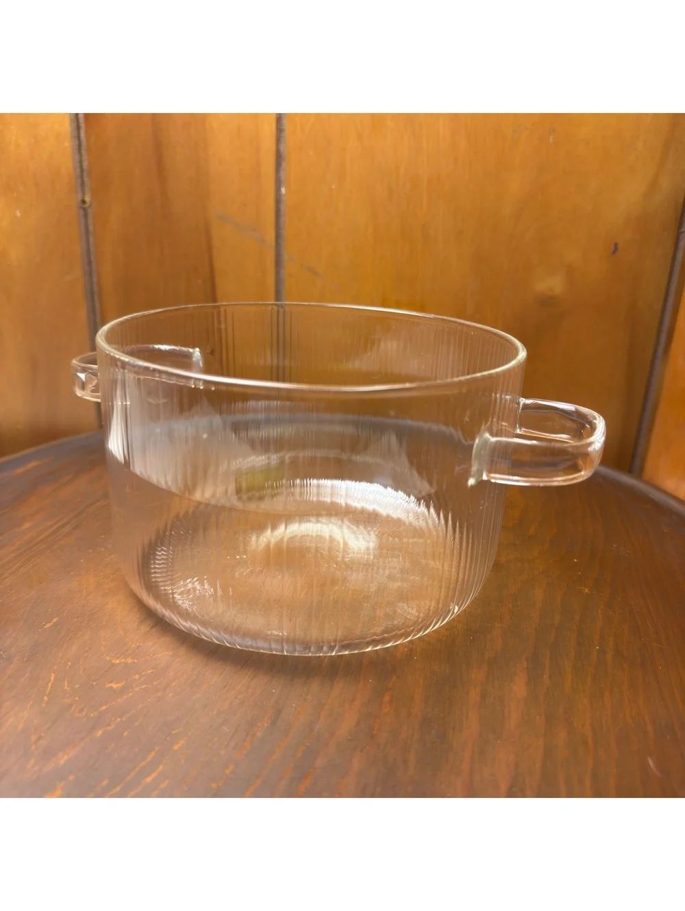 Vintage Clear Ribbed Glass Pot With Double Handles 6.5 Inch Serving Bowl